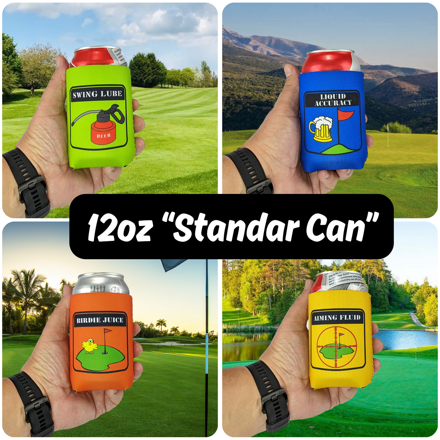 Golfer Theme | ' Birdie Juice ' Aiming Fluid ' Liquid Accuracy ' Swing Lube - Can Cooler Sleeve Set of 4 (one of each)