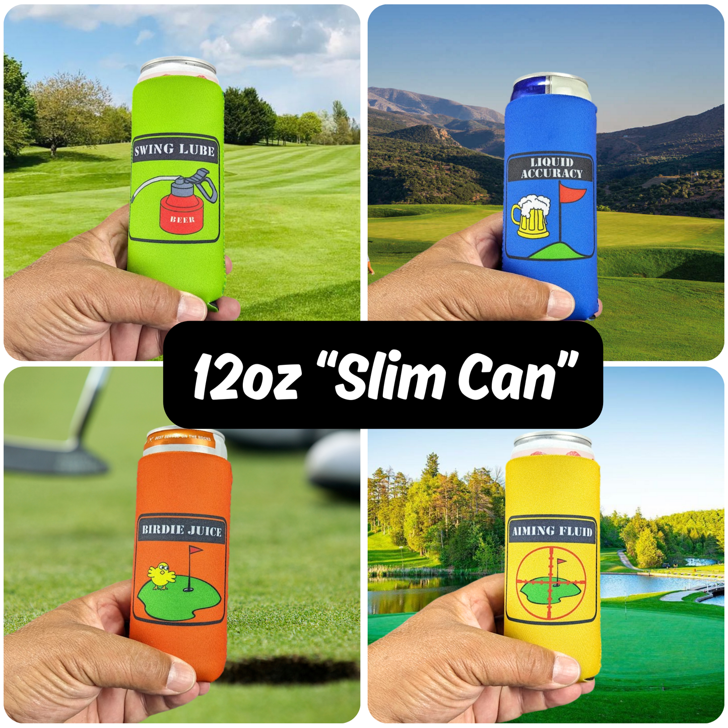 Golfer Theme | ' Birdie Juice ' Aiming Fluid ' Liquid Accuracy ' Swing Lube - Can Cooler Sleeve Set of 4 (one of each)