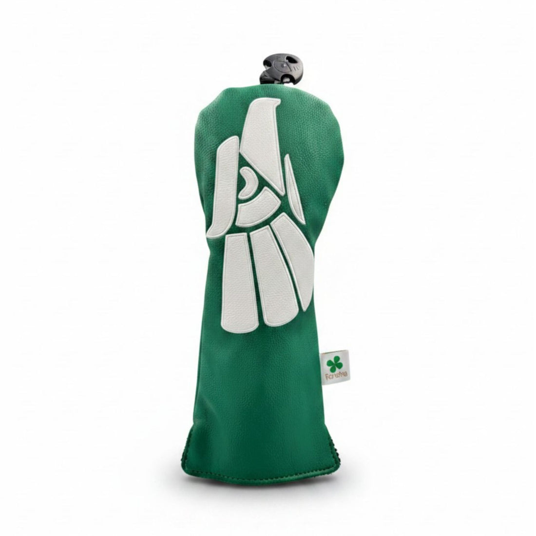 Green golf club head cover with a white logo on a white background