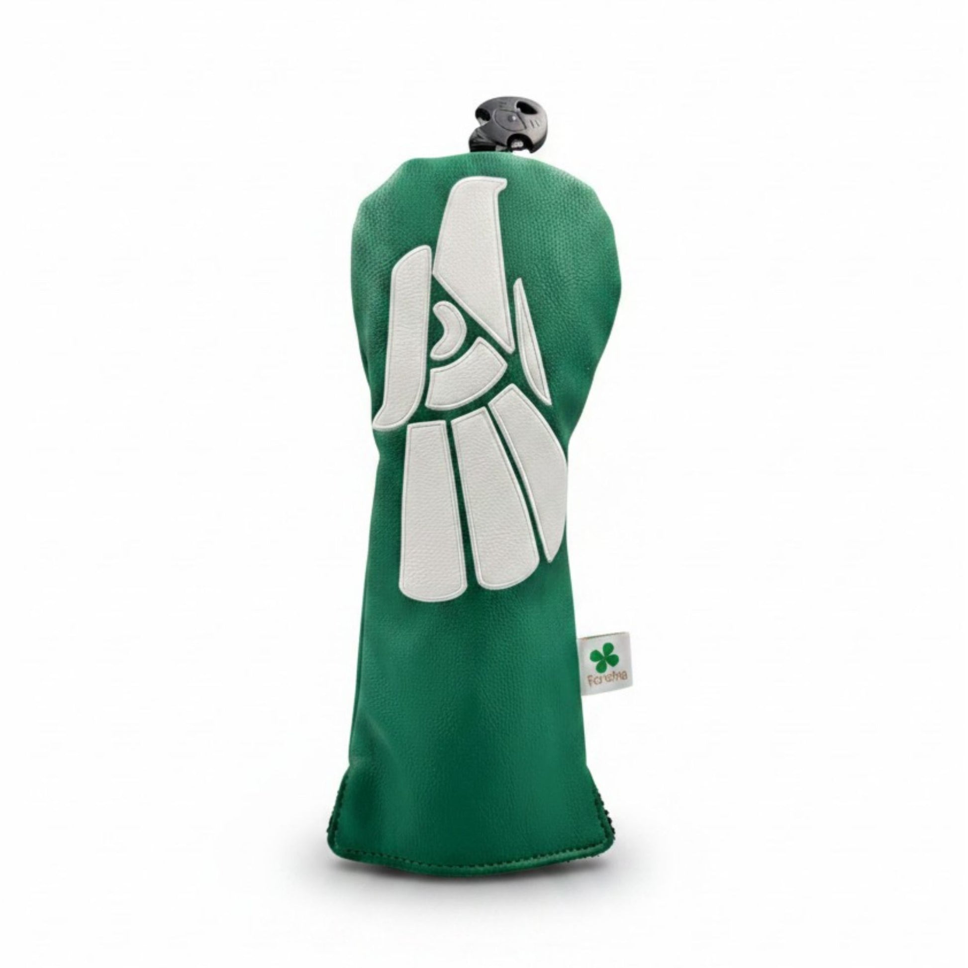 Green golf club head cover with a white logo on a white background