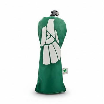 Green golf club head cover with a white logo on a white background