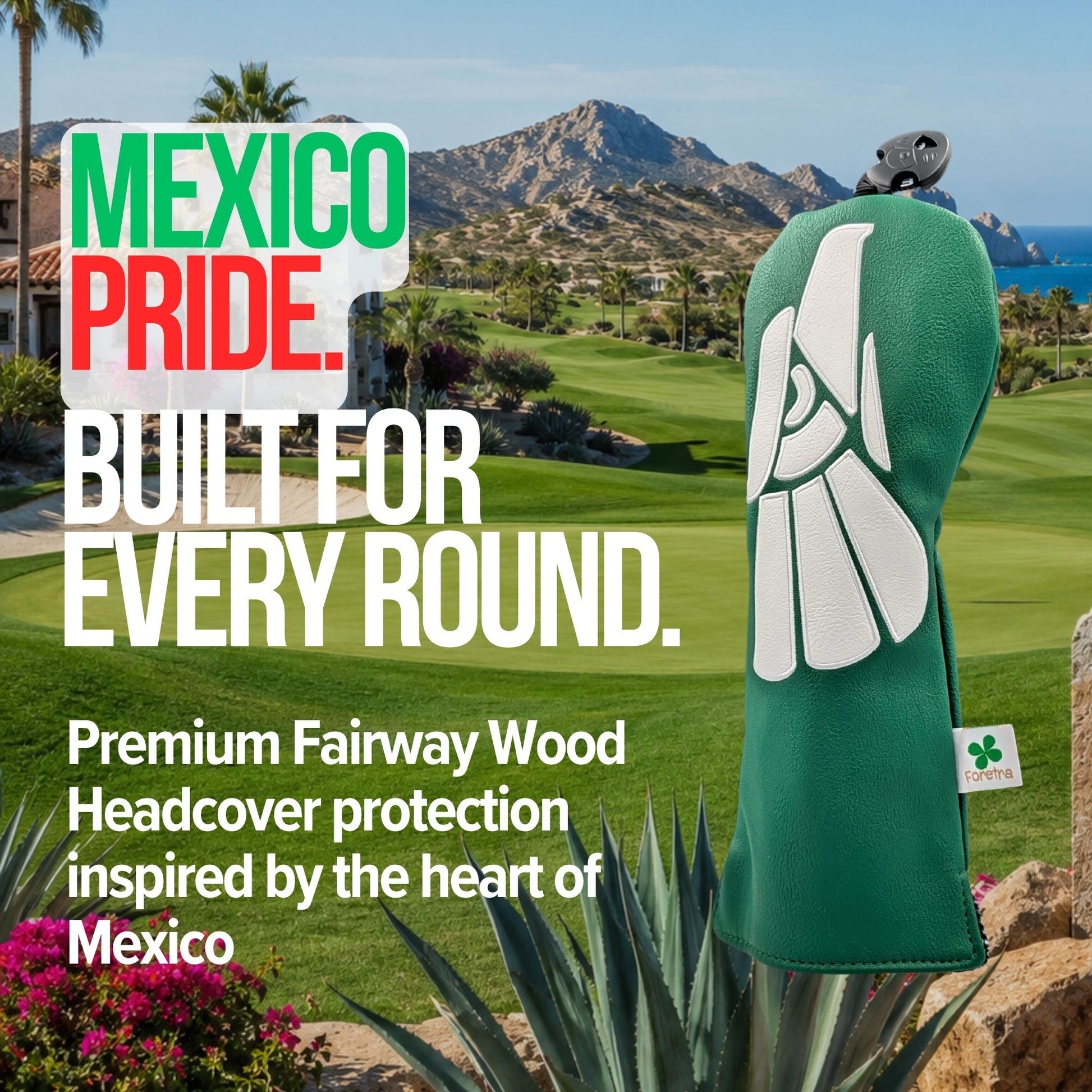 Mexico Golf headcover with scenic golf course and mountains in the background