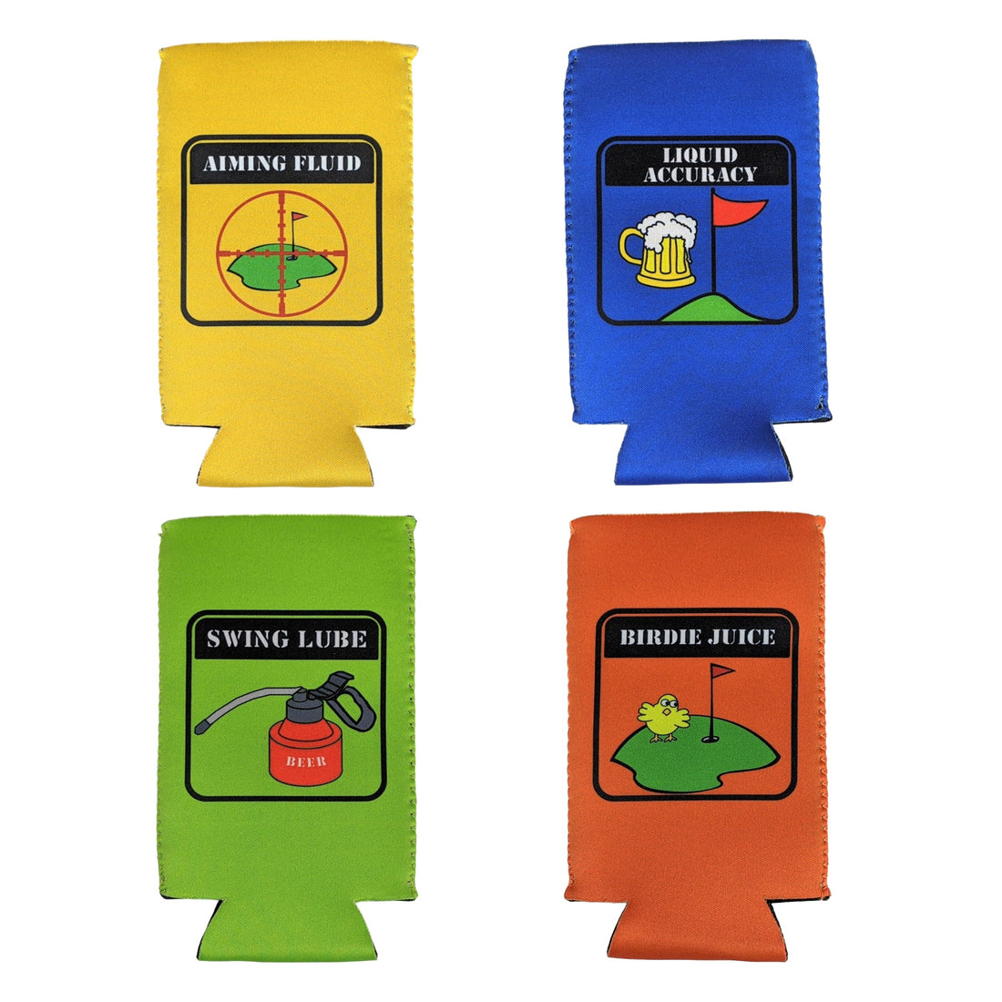 Golfer Theme | ' Birdie Juice ' Aiming Fluid ' Liquid Accuracy ' Swing Lube -  Can Cooler Sleeve Set of 4 (one of each)