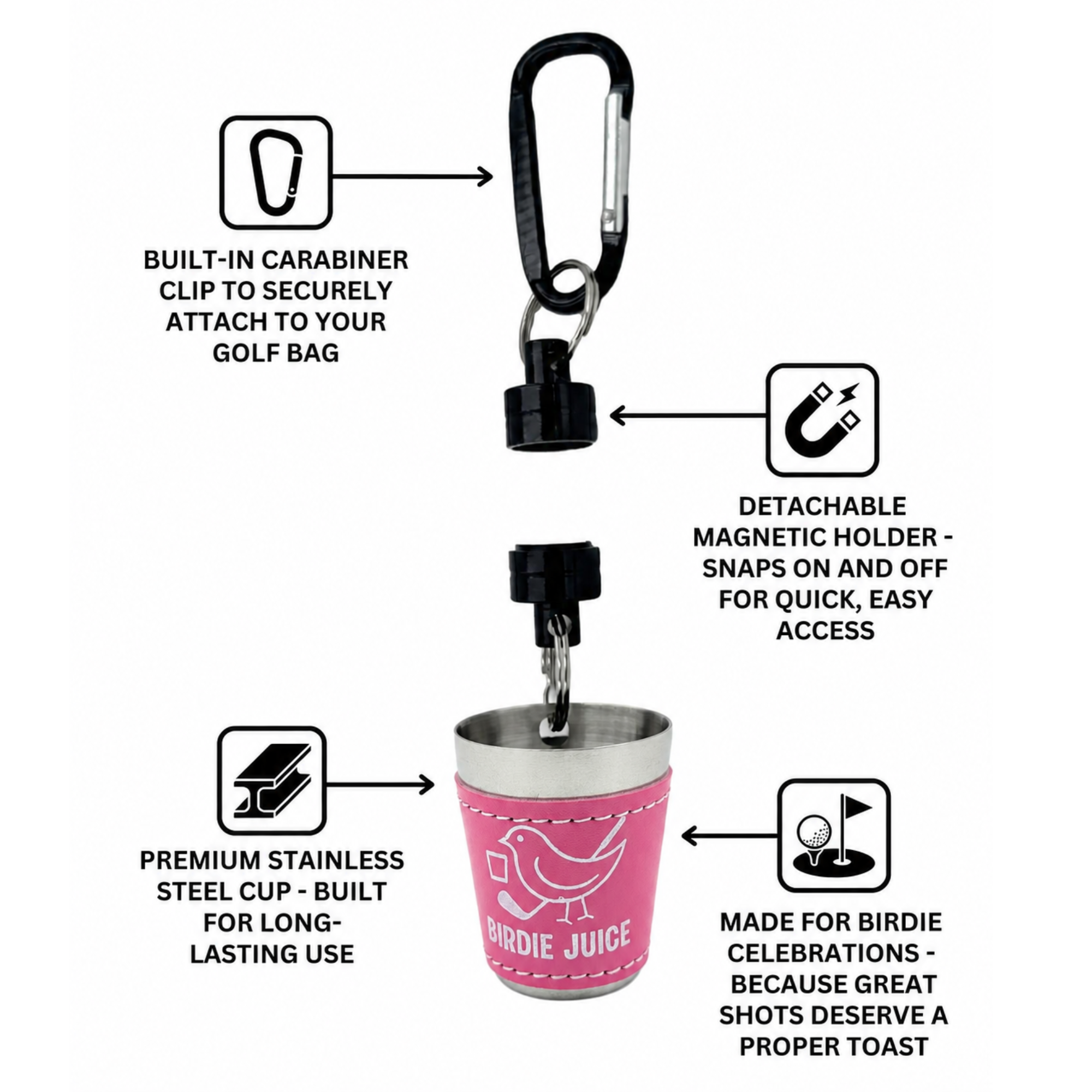Pink Magnetic Birdie Juice Cup — The Clip-On Shot Glass Your Golf Bag Has Been Missing