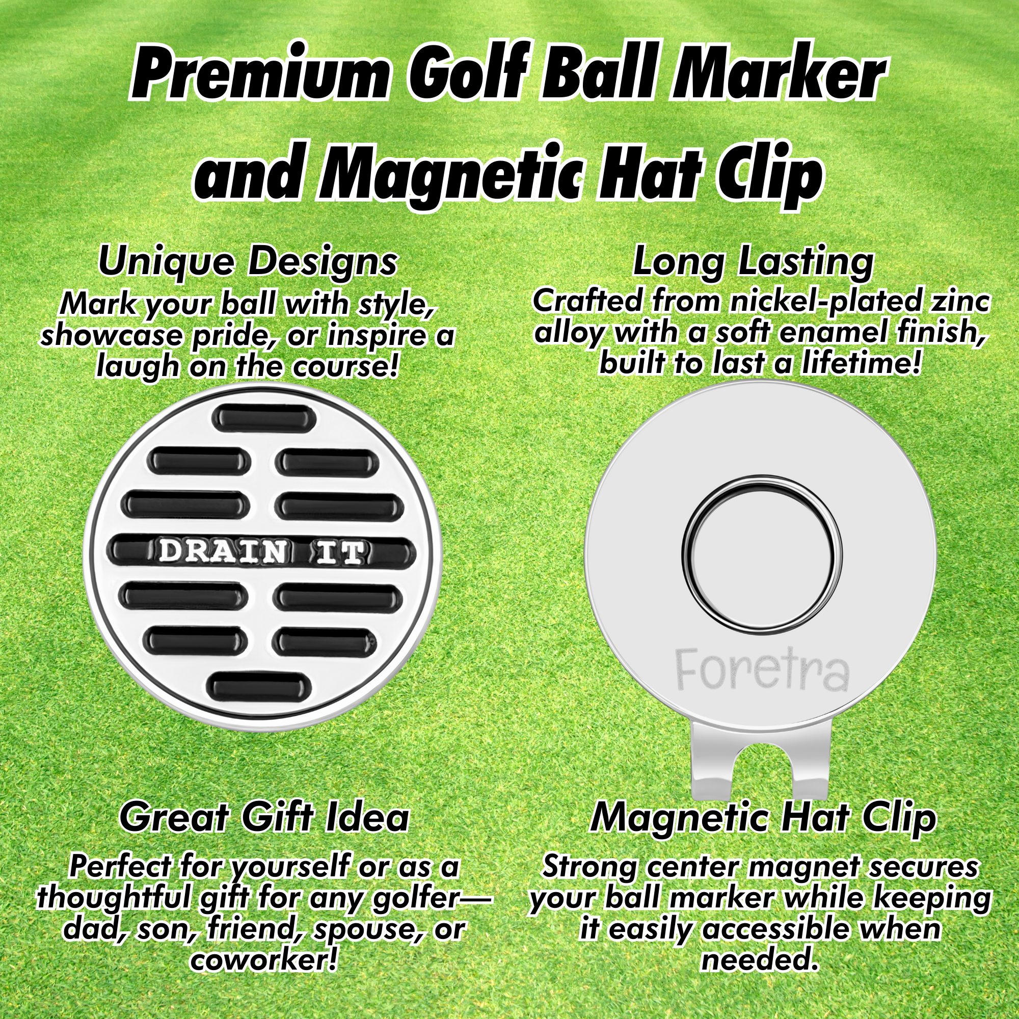 Drain it - Golf Ball Marker with Magnetic Golf Hat Clip